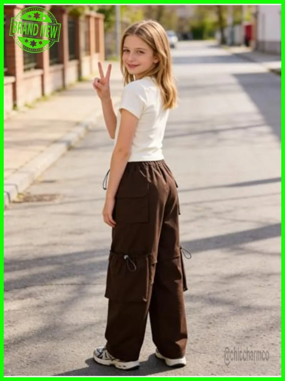Girls Cargo Pants Multi-Pocket Straight Leg Elastic Waist Streetwear Hip Hop - Picture 3 of 7